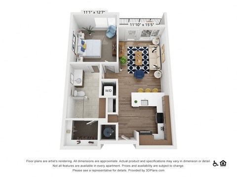 Floor plan for 1 bed, 1 bath, 721 sqft